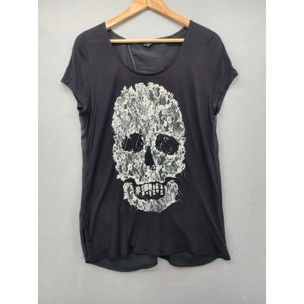 GUESS‎ Los Angeles Black Skull Lace Graphic Top Draped Satin Back Mixed Media M